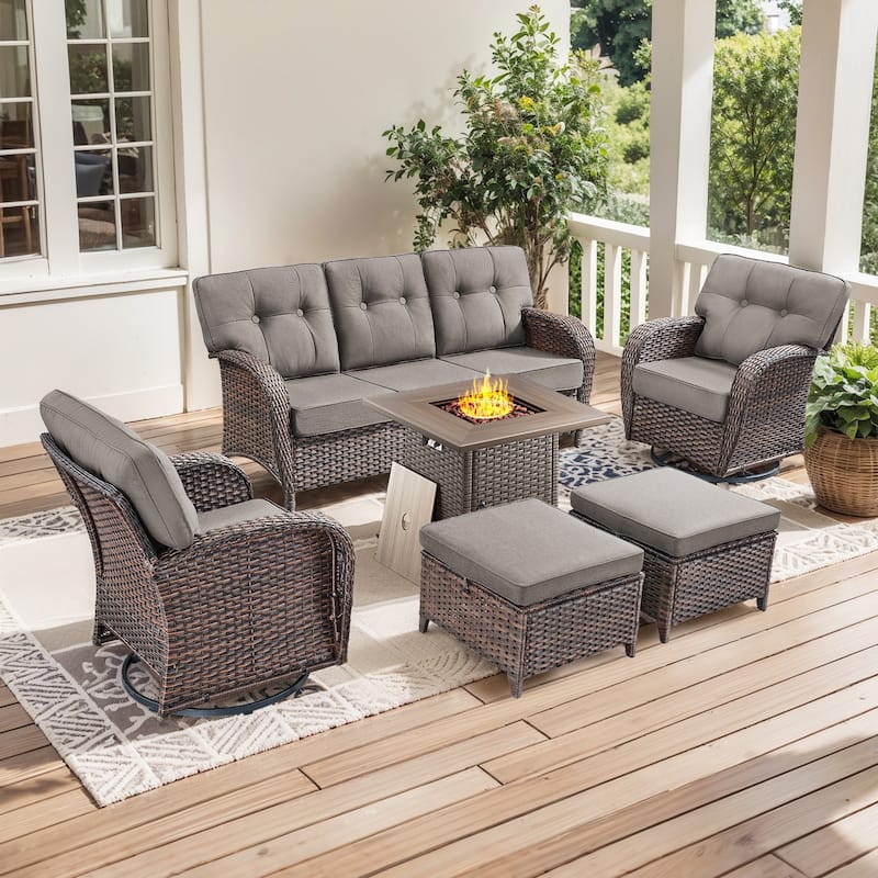 Pocassy Ooutdoor Fire Pit Table with Patio Funiture - 6 Pieces w/ Swivel Chair - Brown Wicker & Gray cushion