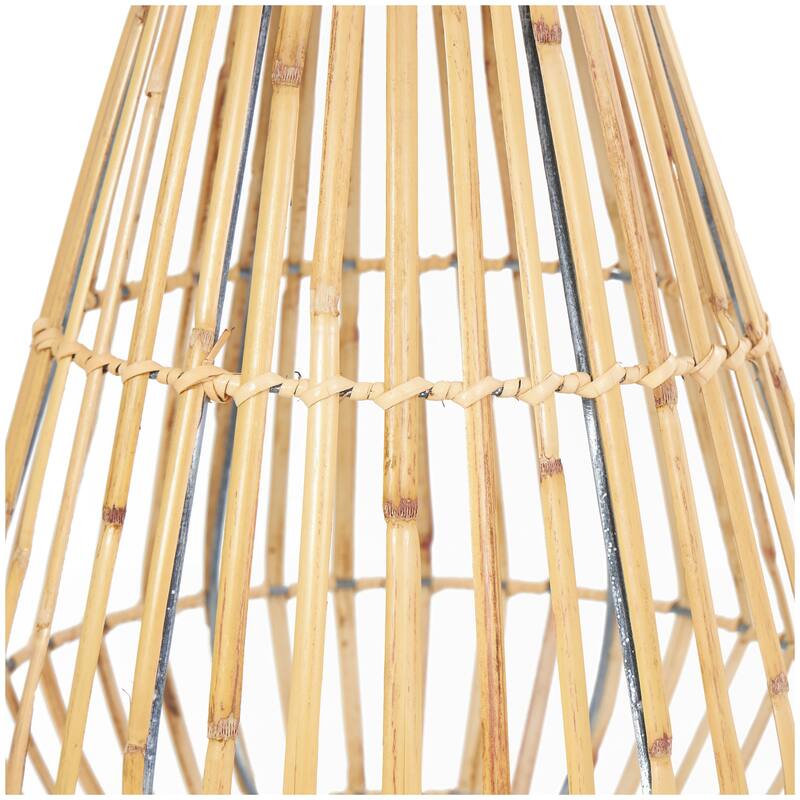 Brown Bamboo Wood Handmade Open Framed Indoor Outdoor Candle Lantern with Blue Metal Accents and Handle