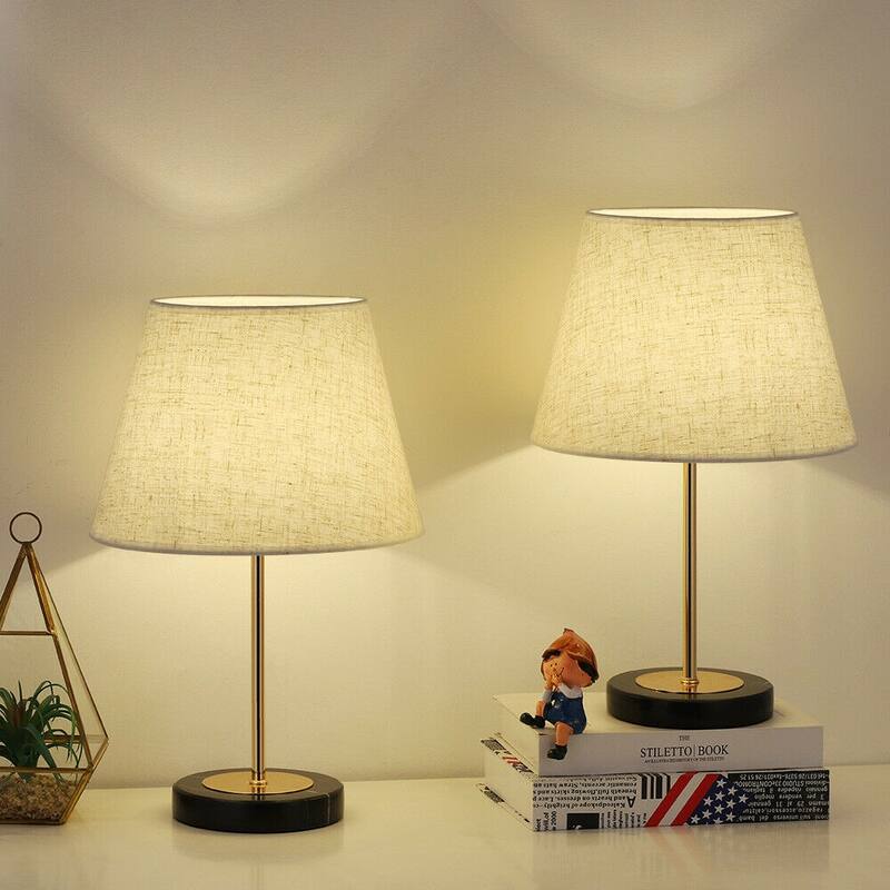 2PCS Vintage Table Lamps with Marble Base and Linen Fabric Shade, Gold