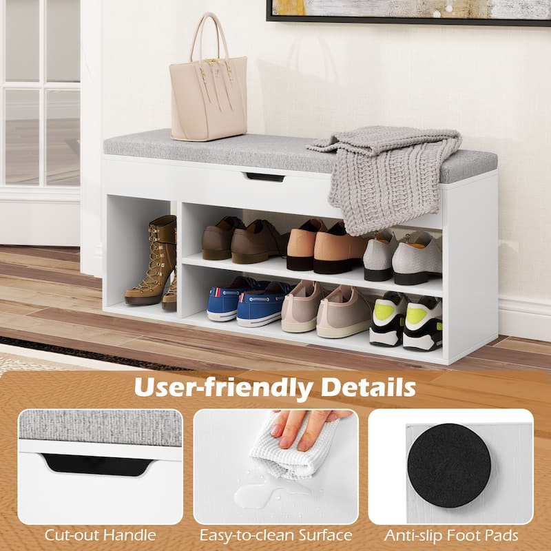 Engineered Wood Shoe Bench with Cushion and Storage Shelves - 41" x 12" x 20.5" (L x W x H)