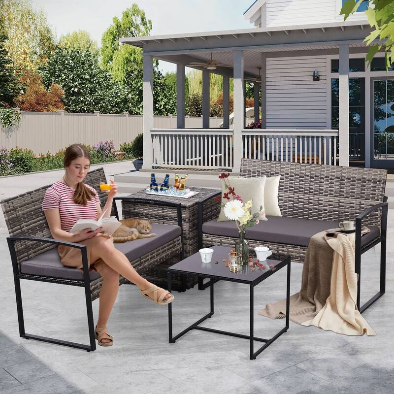 5 PCS Patio Conversation Set With Square Fire Table