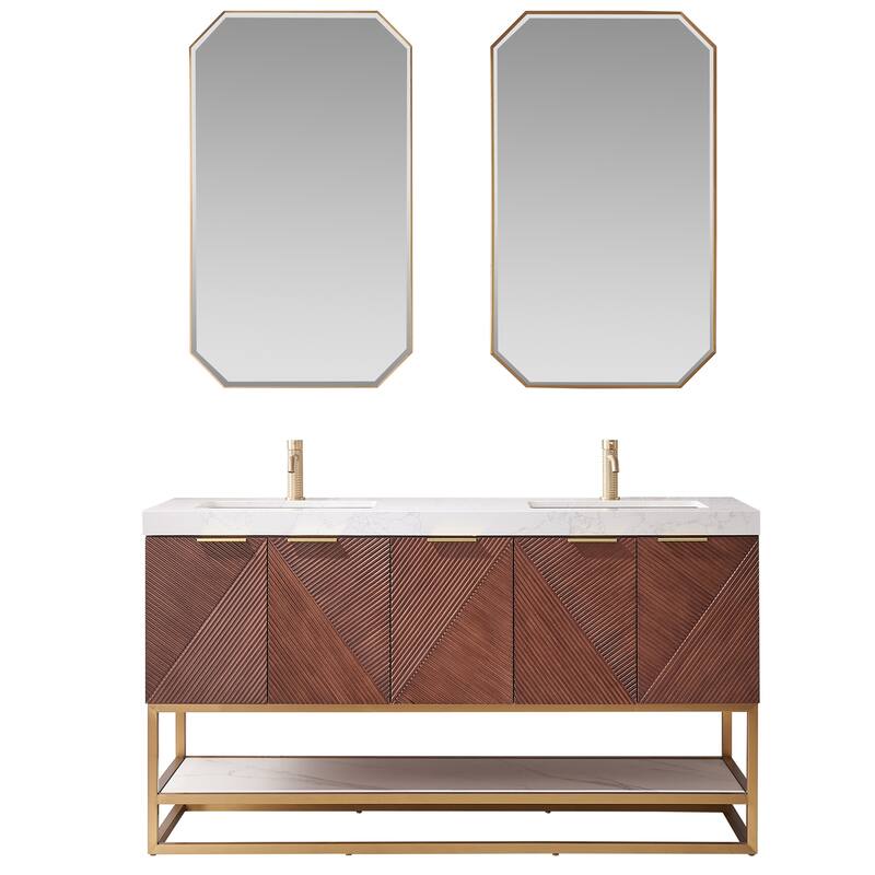 Mahon Double Bath Vanity with Composite Stone Top and Mirror - 60in. - Brushed Gold Base