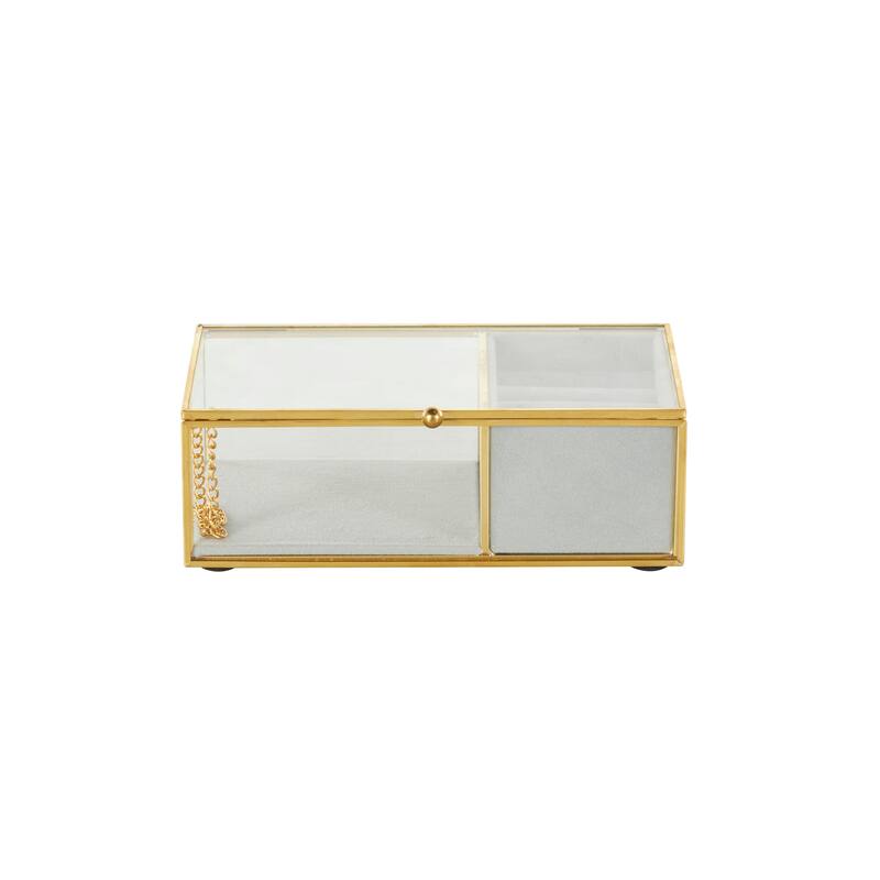 Clear Glass Jewelry Box with Gold Metal Frame and Gray Fabric Interior with Ring Slots
