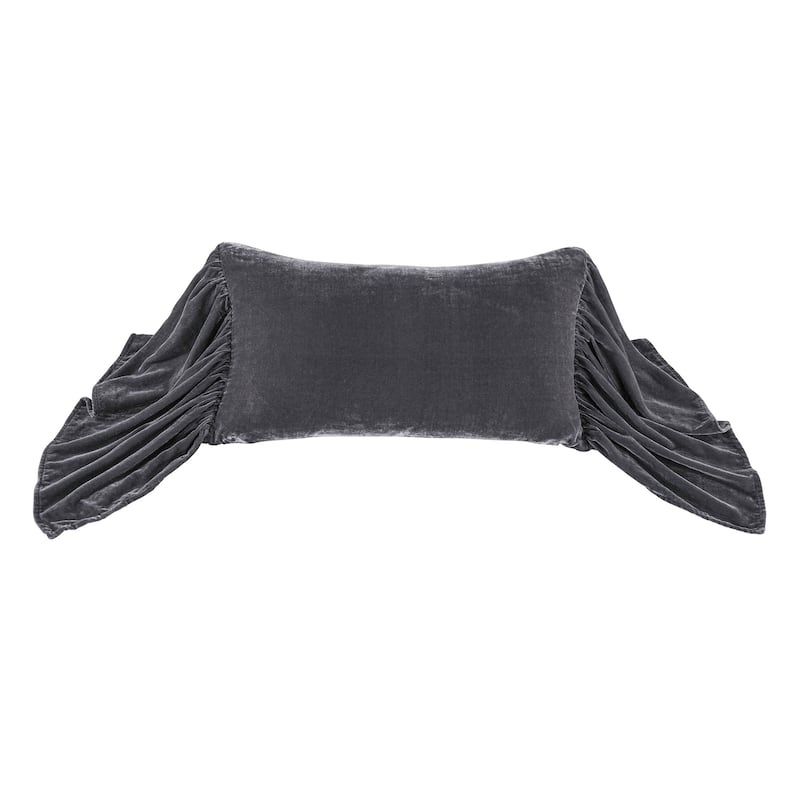 HiEnd Accents Stella Faux Silk Velvet Romantic Western Long Ruffled Decorative Throw Pillow, 14"x26" - Slate