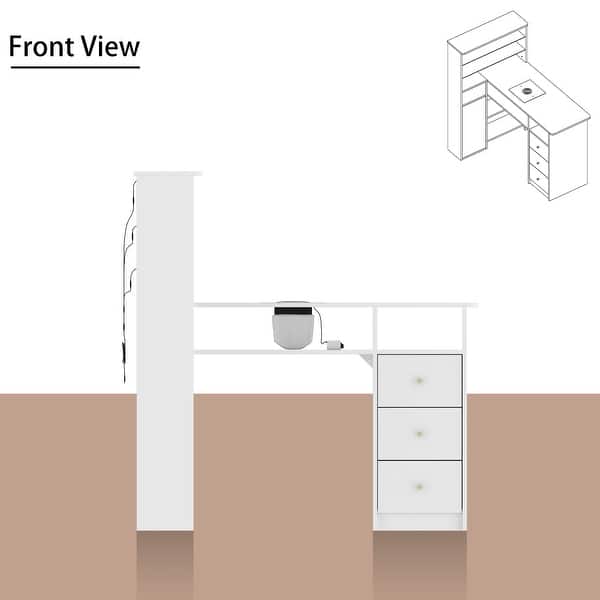 dimension image slide 2 of 4, Modern White Manicure Table with Built-in Nail Dust Collector and Storage Drawers, Tempered Glass Shelf