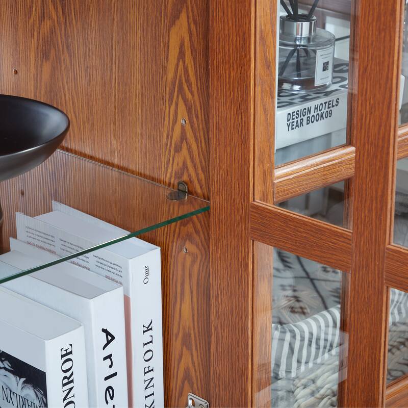 LED Antique Curio Display Cabinet with Glass Doors, Adjustable Shelves and Vintage 4-Door Design