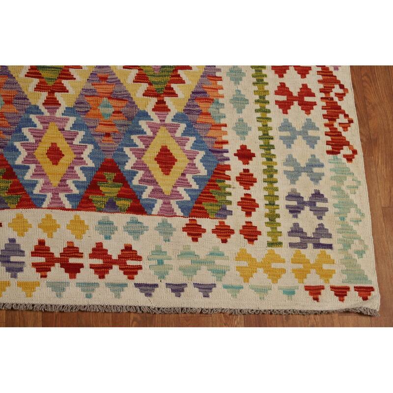 Reversible Geometric Kilim Area Rug Flatweave Wool Carpet - 8'9" x 11'3"