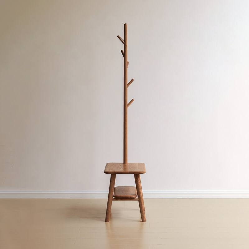 Natural Solid Wood Shoe Stool With Cloth Hanger, Mid-Century Modern Storage Bench with High Rebound Sponge Cushion