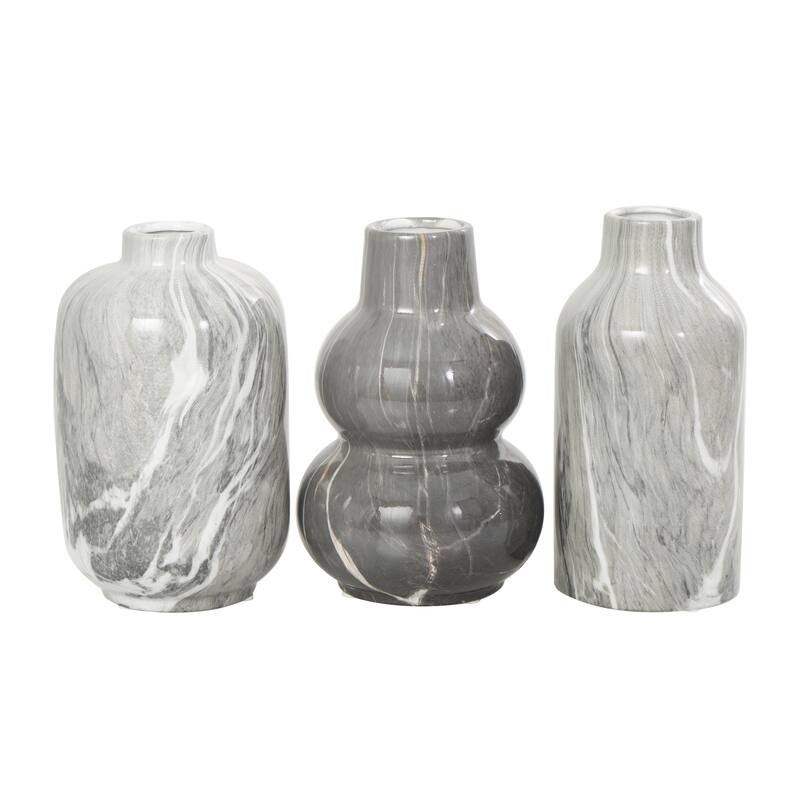 White, Gray, Cream or Black Ceramic Marble Inspired Vase with Varying Shapes (Set of 3)