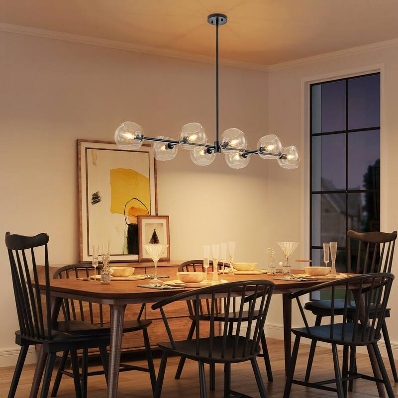 8-Light Modern Sputnik Branch Linear Pendant Metal/ Glass Globe Bubble Chandelier for Dining/ Living Room