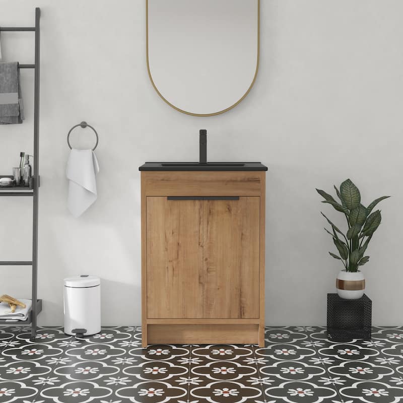 24" Bathroom Vanity with Ceramic Sink - Black/Imitative Oak