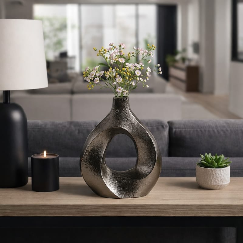 Artistic Metal Swirl Vase with Cut Out Center - Sculptural Flower Vase - 9.0"