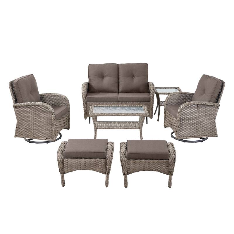 Pocassy 7 Pieces Glider Sofa with Swivel Chairs Ottomans Table