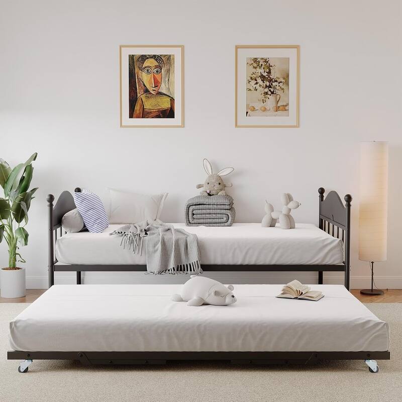 Space-Saving Twin Daybed, Platform Sofa Bed Frame with Foldable Trundle