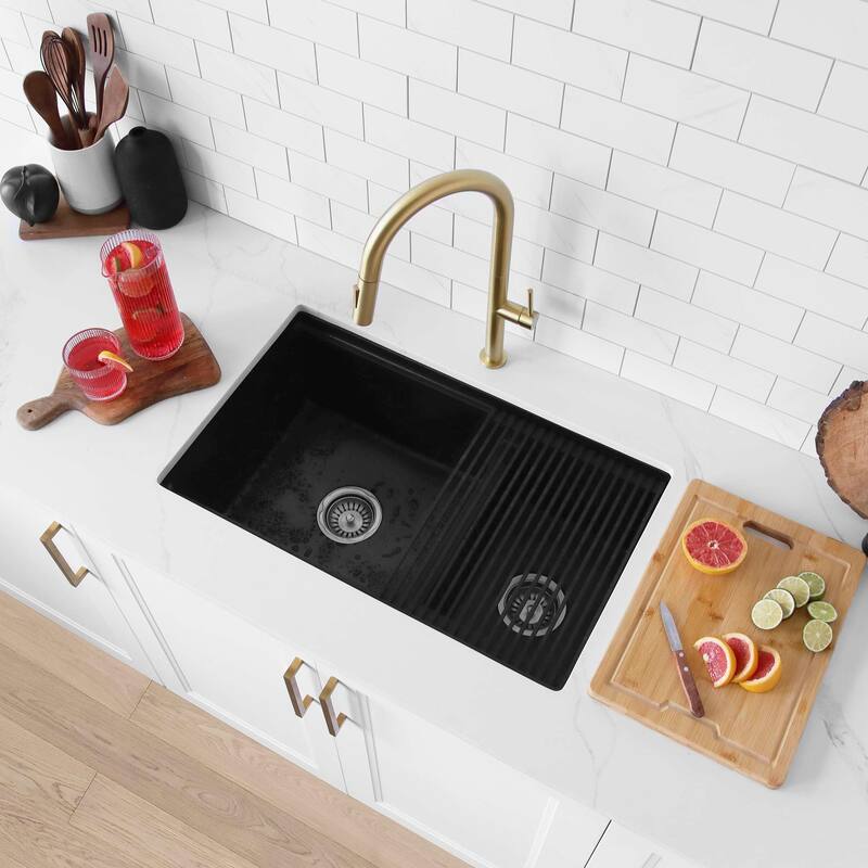 Composite Granite Dual-Mount 30" Double-Bowl kitchen Sink - 30" x 18" x 9.50" - Black