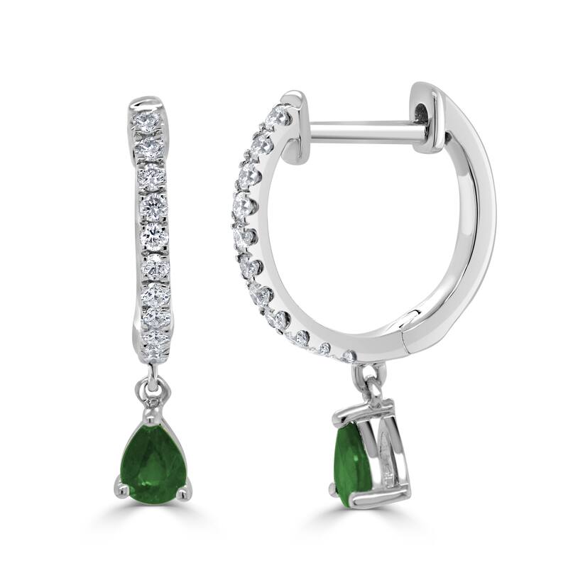 Joelle Collection Gemstone & Diamond Dangle Hoop Earrings 14K Gold Birthstone - Green - Emerald - White