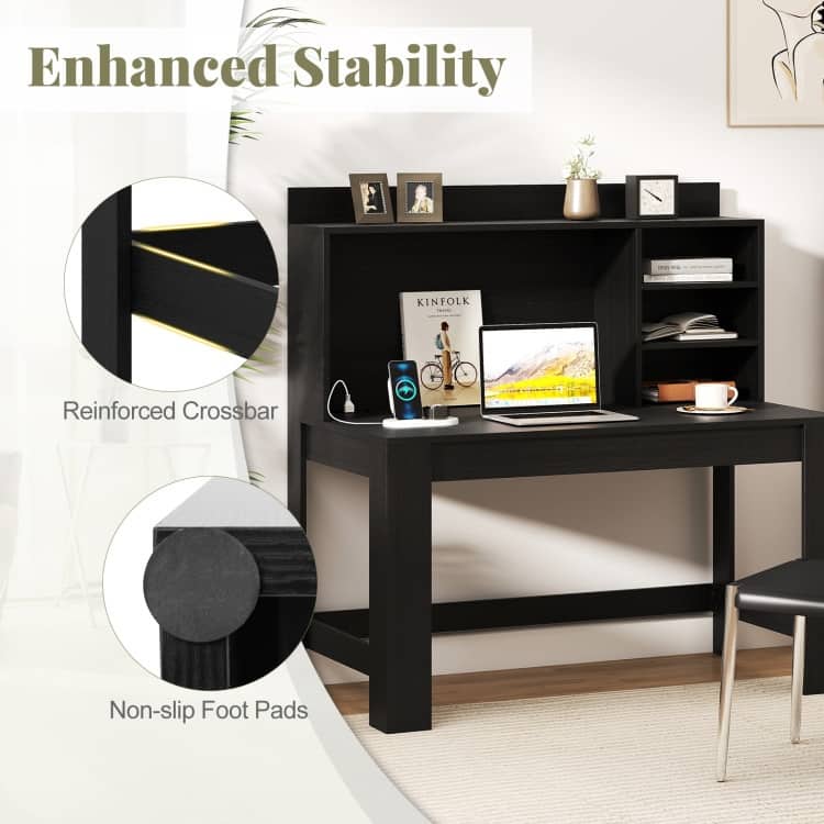 Modern White Computer Desk with Hutch & Charging Station 42.5'' MDF Workstation with USB
