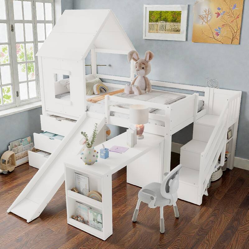 Twin House Loft Bed with Slide and Stairs, Storage Cabinets and Removable Desk, Kids Space Saving Loft Bed