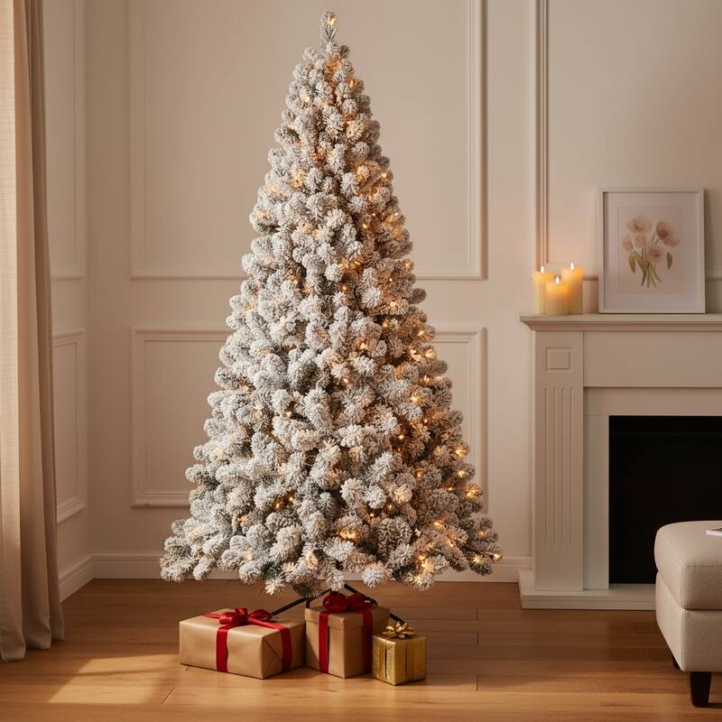 HomeRoots 8' White Pre Lit Full Flocked Fir Christmas Tree - 54.00 in. x 96.00 in. x 54.00 in. - White - 8 Foot
