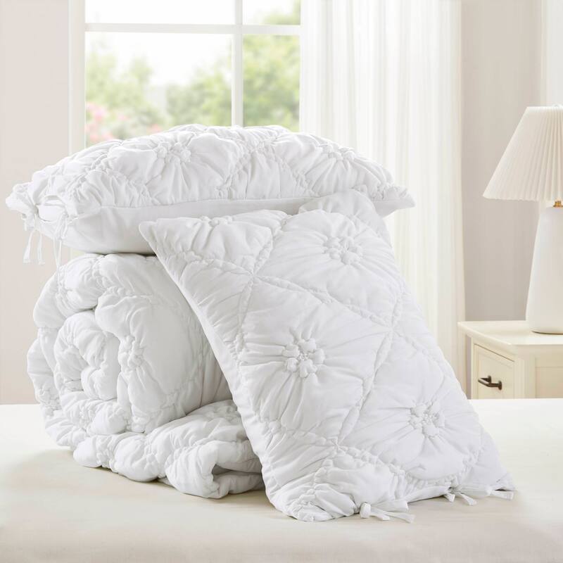 3PCS Full/Queen Textured Floral Comforter Set with Shams Puffy Design All Season Comfort