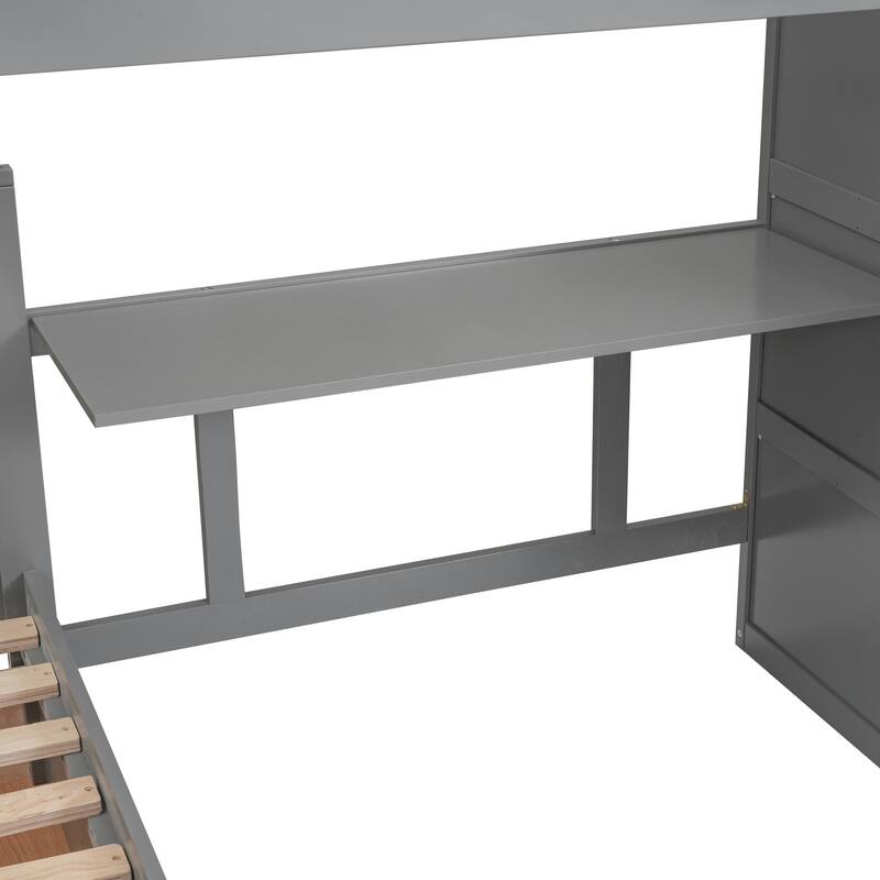 L-Shaped Bunk Bed with Storage Stairs, Fold Desk, Wardrobe, Twin - Twin Over Full Bed with Pull-out Underneath Storage Drawers