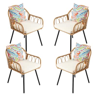 Modern Set of 4 Handwoven Wicker Rattan Dining Chairs with Comfortable Cushions and Steel Frame - 26” x 22.4” x 33.9”