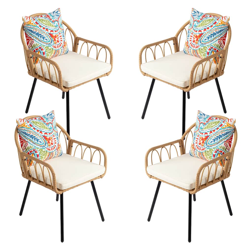 Modern Set of 4 Handwoven Wicker Rattan Dining Chairs with Comfortable Cushions and Steel Frame - 26” x 22.4” x 33.9”