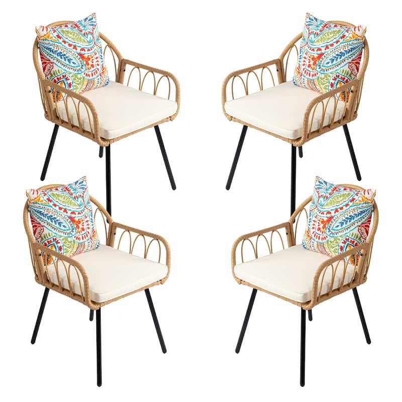 5-Piece Outdoor Patio Dining Round Table Set Included 4 Rattan Chairs with Cushions Seat and Umbrella Hole