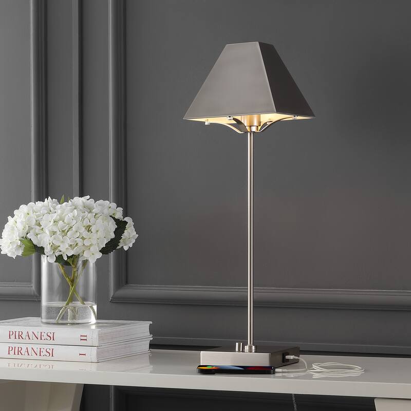Houston 25" Industrial Style Iron Pyramid Bedside LED Table Lamp with USB Charging Port, Nickel by JONATHAN Y
