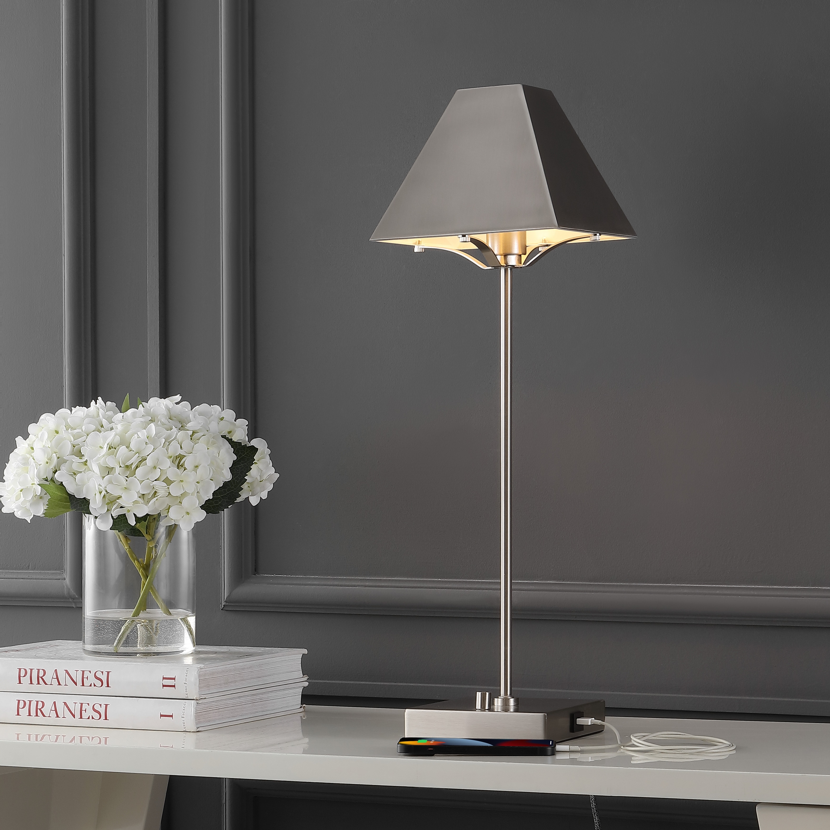 JONATHAN Y Houston 25" Industrial Style Iron Pyramid Bedside LED Table Lamp with USB Charging Port, Nickel
