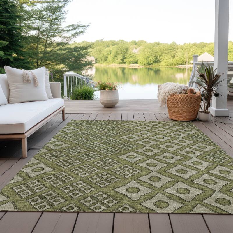 Machine Washable Indoor/ Outdoor Chantille Diamond Geo Rug - Olive - 10' x 14'
