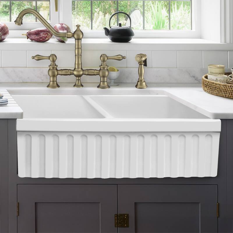 Whitehaus Quatro Alcove 33" Farmhouse Double Basin Fireclay Kitchen