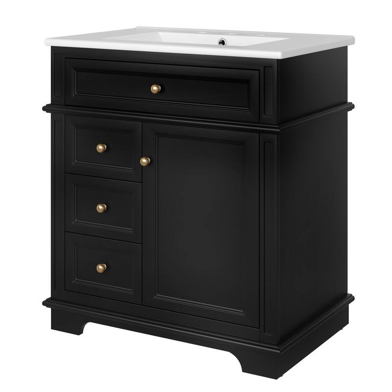 30" Bathroom Vanity with Sink, One Tip-out Drawer, Three Drawers, Door Shelf, Soft Closing Door, Black