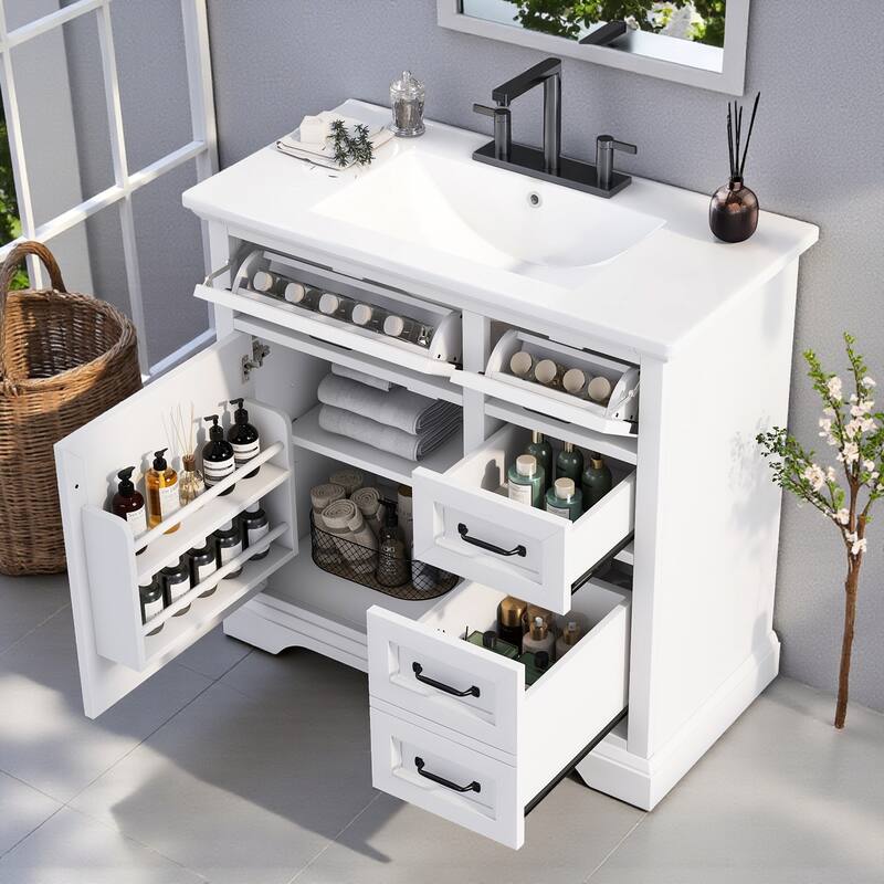 36" Bathroom Vanity with Ceramic Sink, 2 Tip-Out Drawers, Soft-Close Door Hinges, Freestanding MDF & Rubber Wood Cabinet