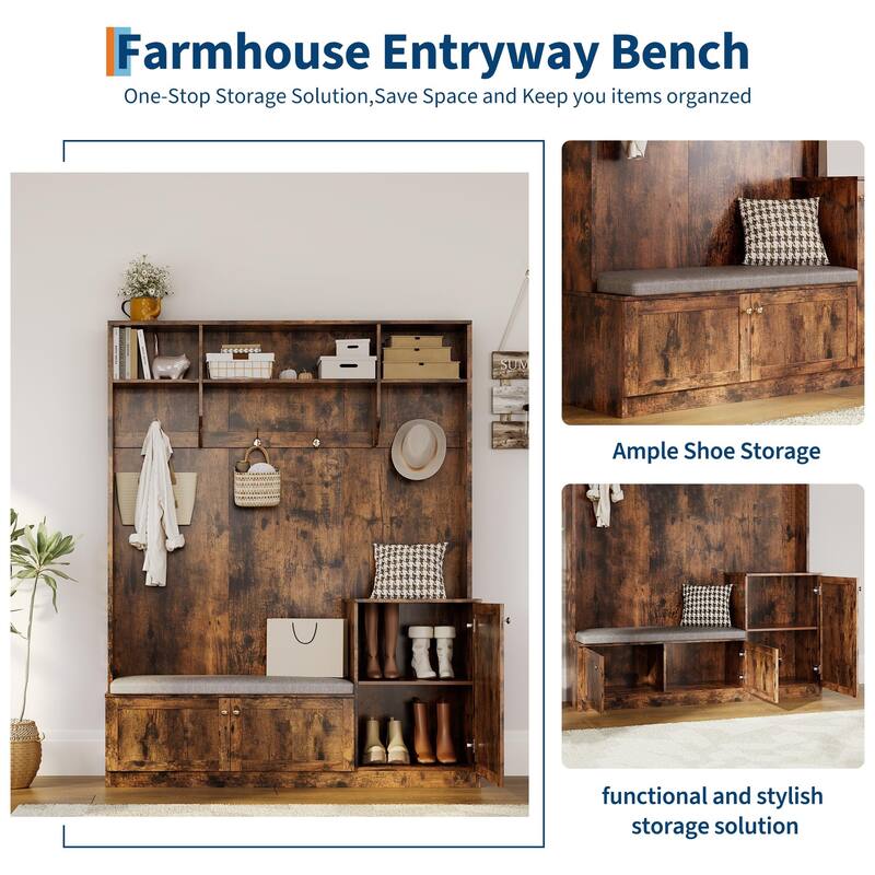 78.7 Inch Tall Hall Tree with Bench and Shoe Storage,Modern Entryway Bench with Coat Rack,4 Hanging Hooks