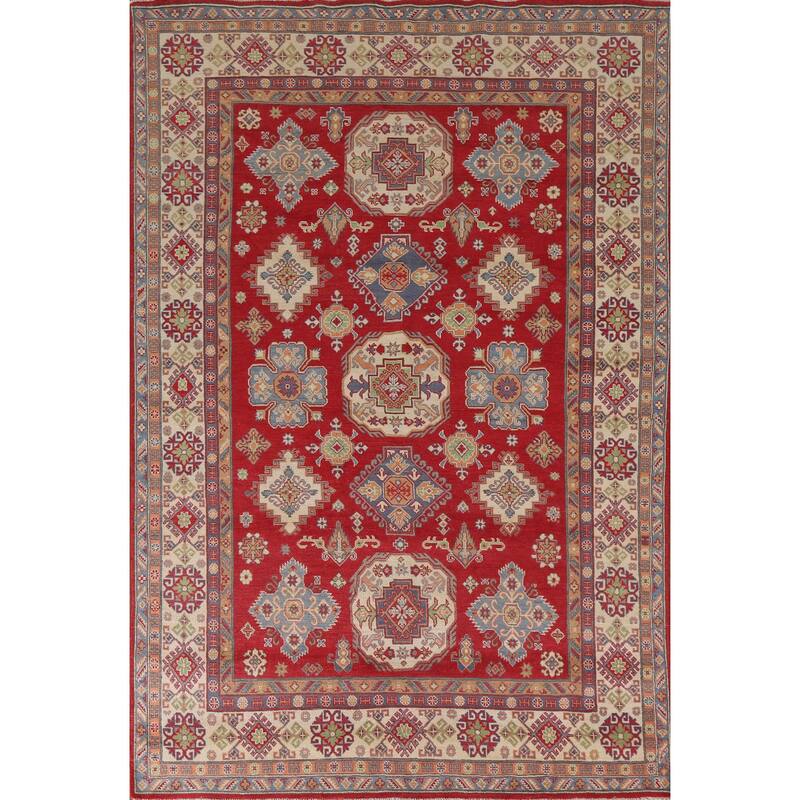 Hand Knotted Oriental 100% Wool Carpet Traditional Geometric Red Kazak Area Rug - 10' 0'' X 6' 11''