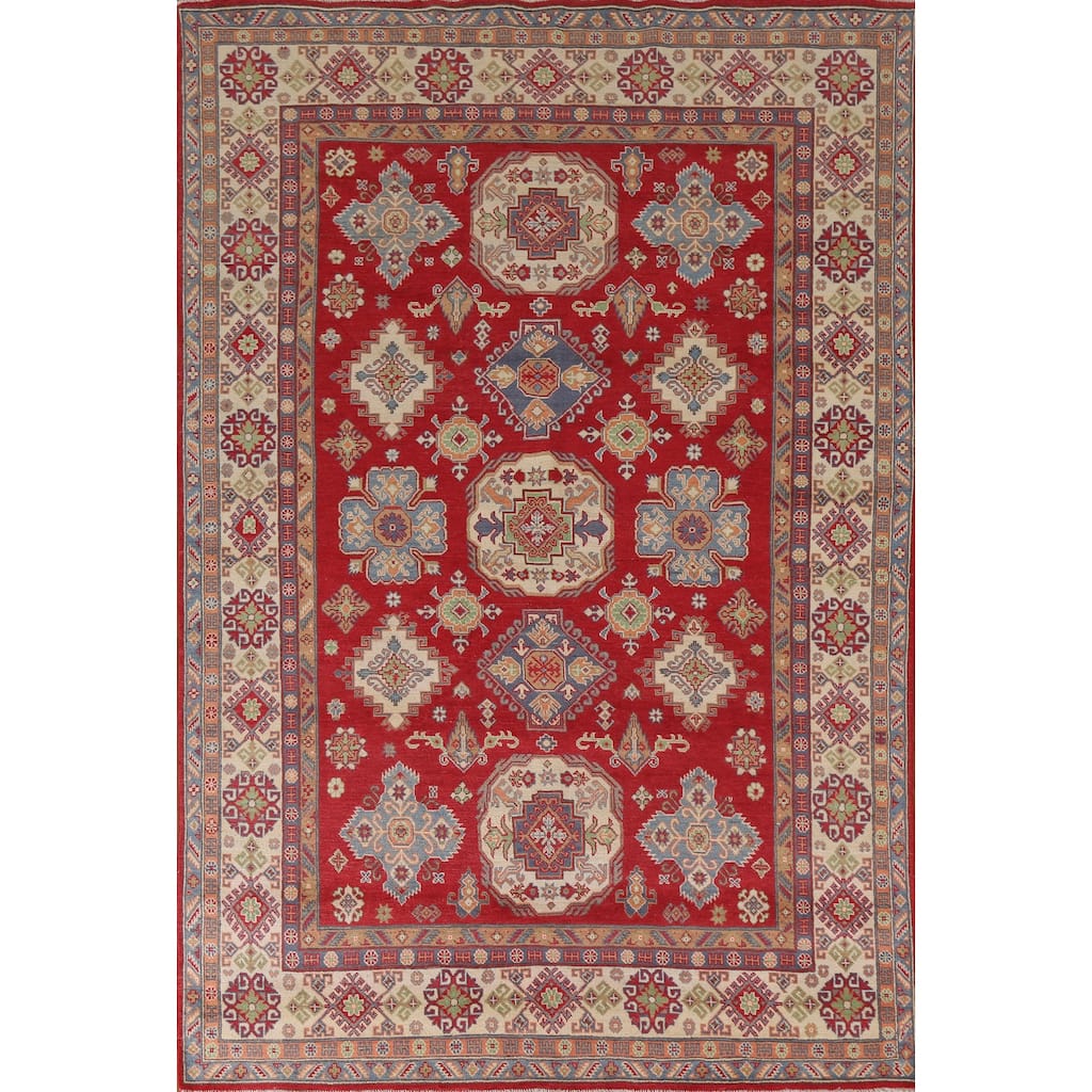 Hand Knotted Oriental 100% Wool Carpet Traditional Geometric Red Kazak Area Rug - 10' 0'' X 6' 11''