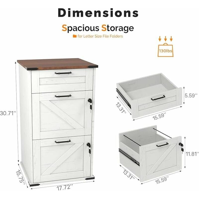 Barn Door Wooden 3 Drawers With Lock 30.71"H