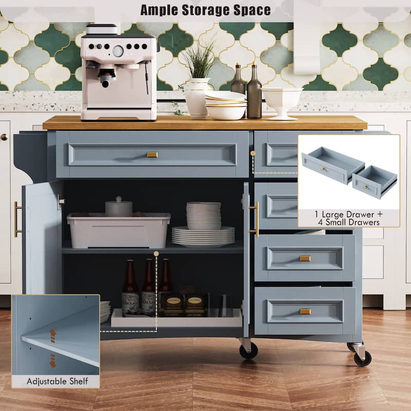 52" Rolling Kitchen Island Cart, Embossed Texture Kitchen Island on Wheels, Kitchen Storage Cart with Drop Leaf