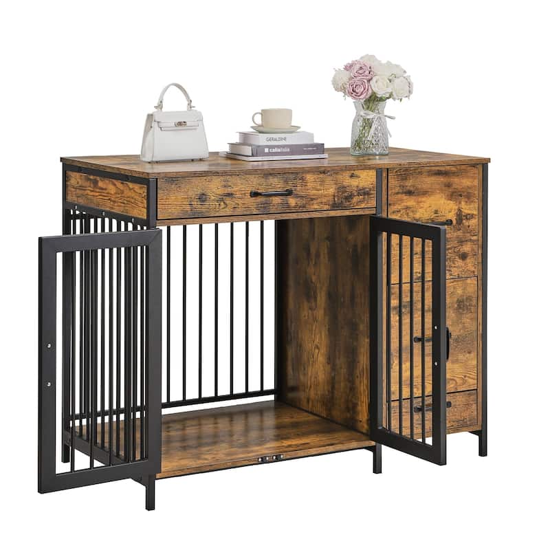 43.3" Wooden Dog Kennel Furniture End Table with 4 Drawers, Wood Pet House Dog Cage Dog Crate
