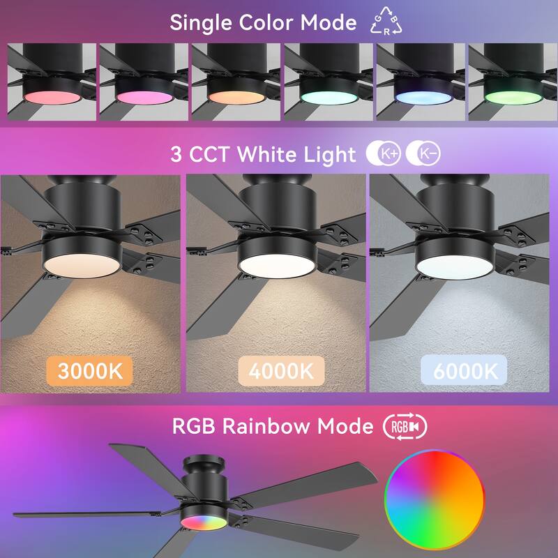 52-Inch Matte Black Flush Mount Ceiling Fan with RGB LED Light and Voice Control((5 Reversible Blades)