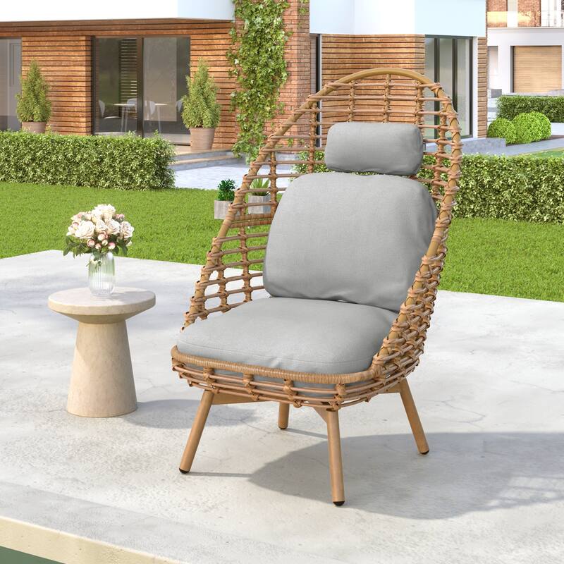 Roomfitters Ellis Outdoor Wicker High-Back Swivel Lounge Chair with Teak Finish Legs, Light Brown and Beige - Single Unit