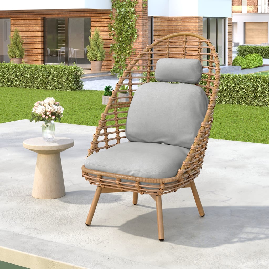 Roomfitters Ellis Outdoor Wicker High-Back Swivel Lounge Chair with Teak Finish Legs, Light Brown and Beige - Single Unit