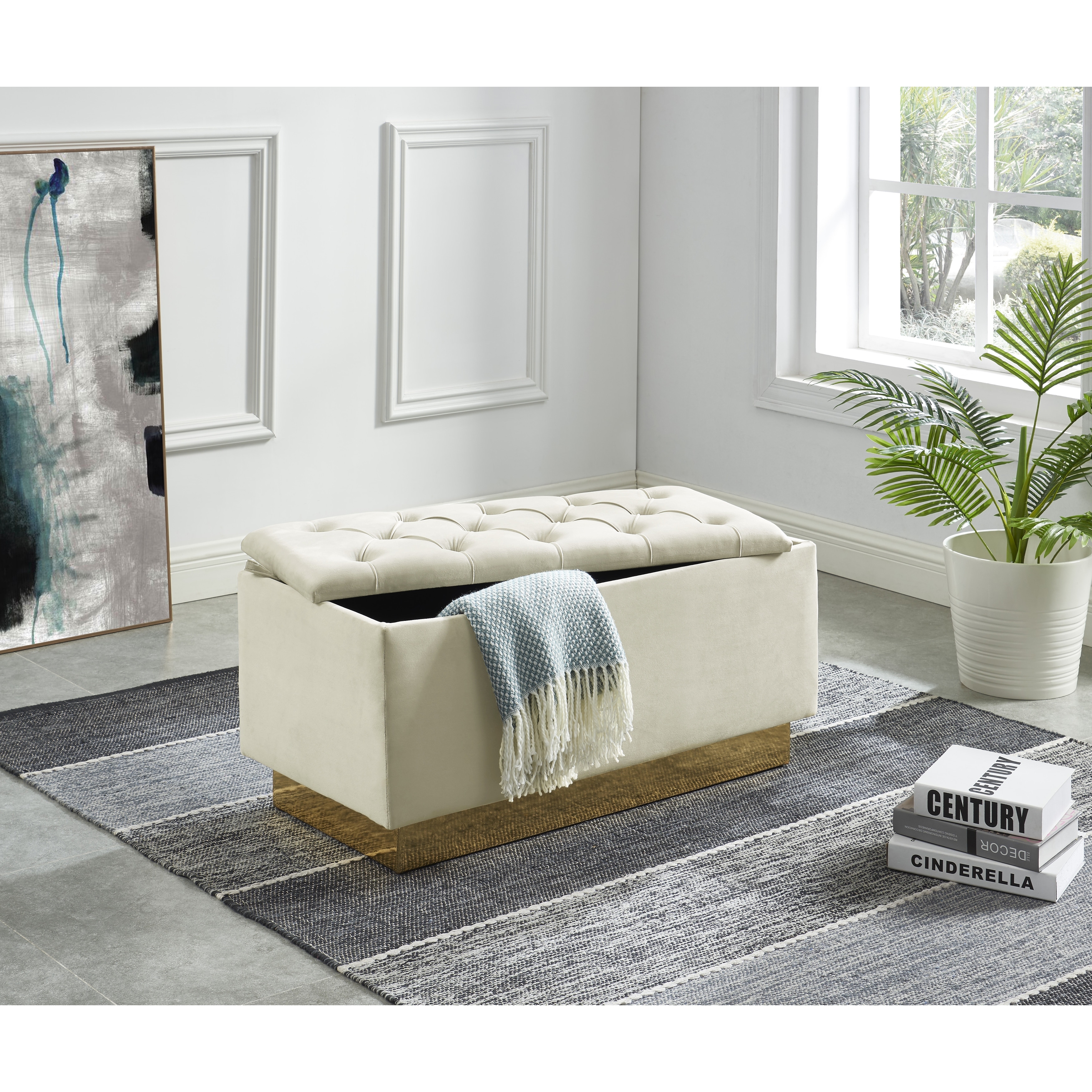 Cream Button Tufted Storage Ottoman With Gold Base Bed Bath