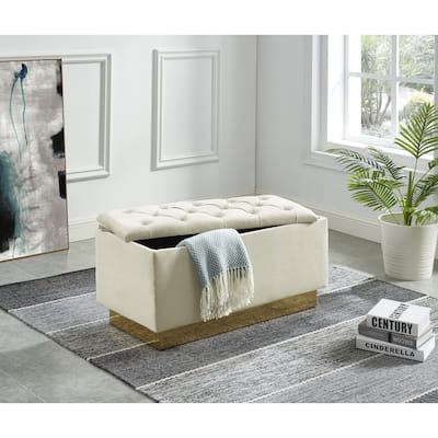 Cream Button-Tufted Storage Ottoman With Gold Base