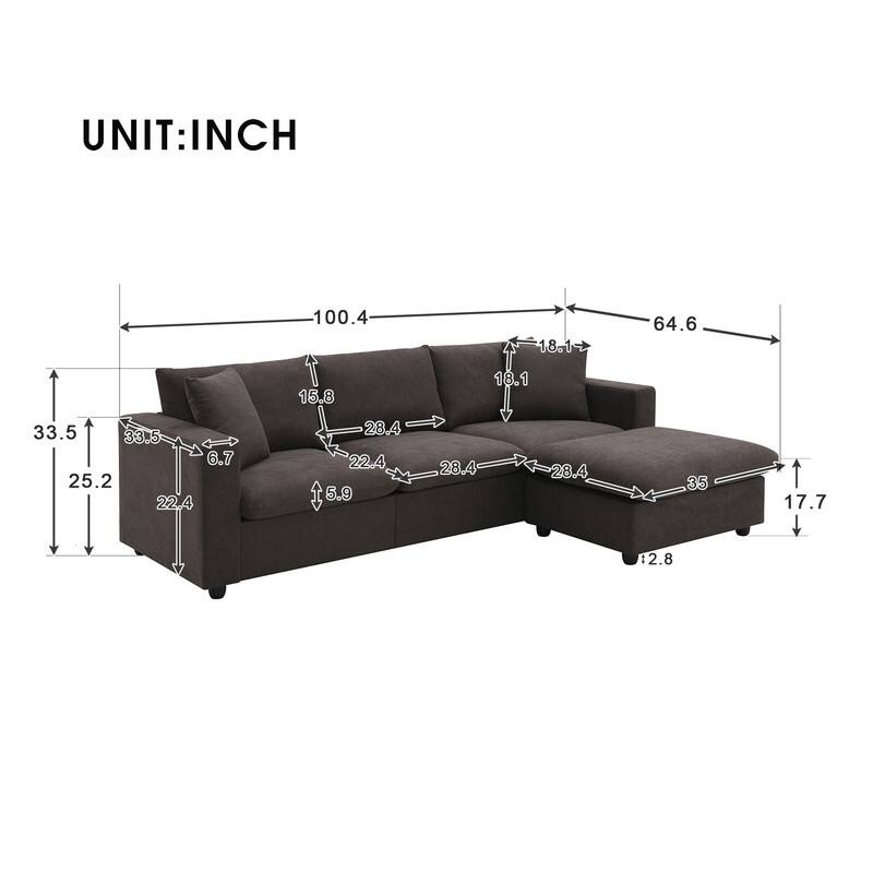 100.4" L-shaped Triple Sofa with Two Throw Pillows