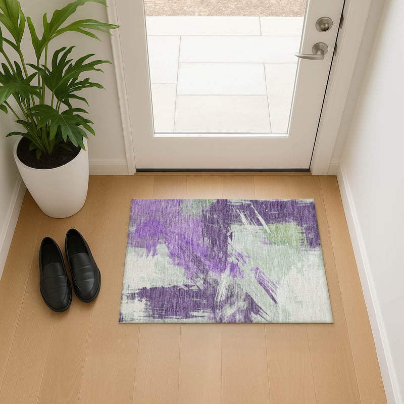 Premium Washable Super Soft Modern Brushstrokes Mayfield Rug - Purple - 1'8" x 2'6"