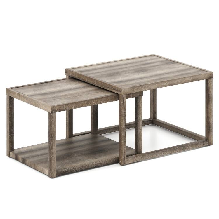 Grey MDF Rubber Wood 2-Piece Nesting Coffee Tables with Farmhouse Design - 27.5" x 23.5" x 18"