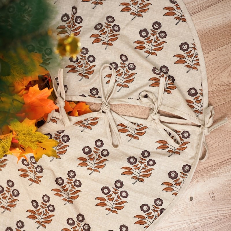 Fabdivine Block Print Linen Blend Home Decor Christmas Tree Skrit - 30" - Neha- Chocolate Brown, Mustard - Rustic/Modern & Contemporary/Farmhouse