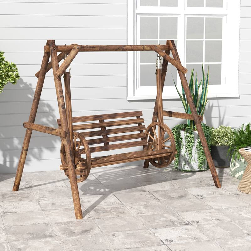 2-Person Wooden Patio Swing Chair with Adjustable Seat Height and Wagon Wheel Design for Backyard - 78.75" W x 54" D x 65.75" H